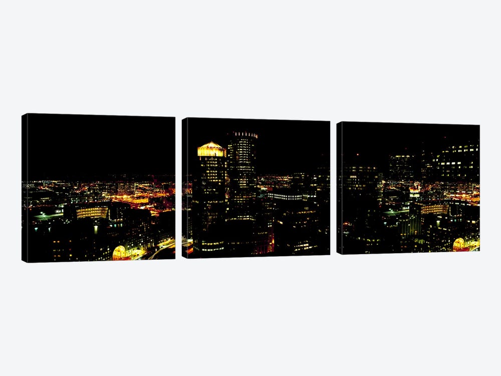 High angle view of a city at night, Boston, Suffolk County, Massachusetts, USA by Panoramic Images 3-piece Canvas Artwork