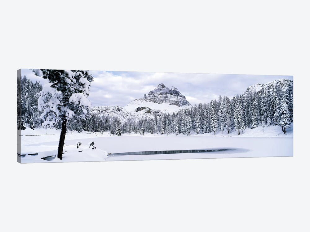 Trees along a frozen lake, Lake Antorno, Tre Cime Di Lavaredo, Dolomites, Cadore, Province of Belluno, Veneto, Italy by Panoramic Images 1-piece Canvas Art