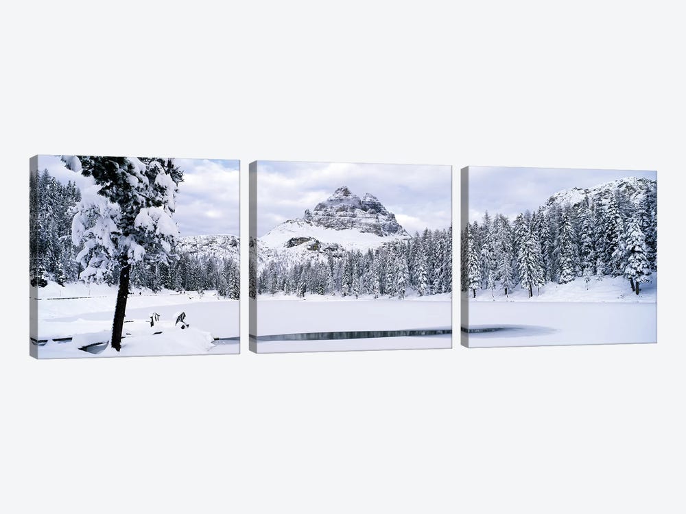 Trees along a frozen lake, Lake Antorno, Tre Cime Di Lavaredo, Dolomites, Cadore, Province of Belluno, Veneto, Italy by Panoramic Images 3-piece Canvas Artwork