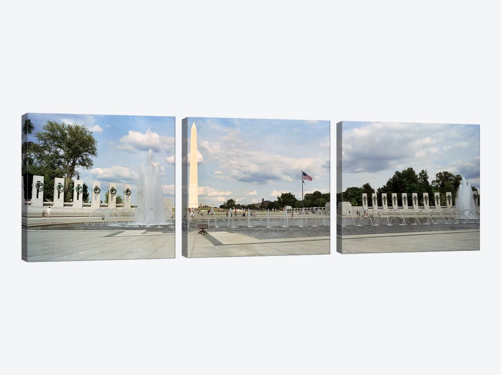Fountains at a memorial, National World War II Memorial, Washington Monument, Washington DC, USA by Panoramic Images 3-piece Canvas Art Print