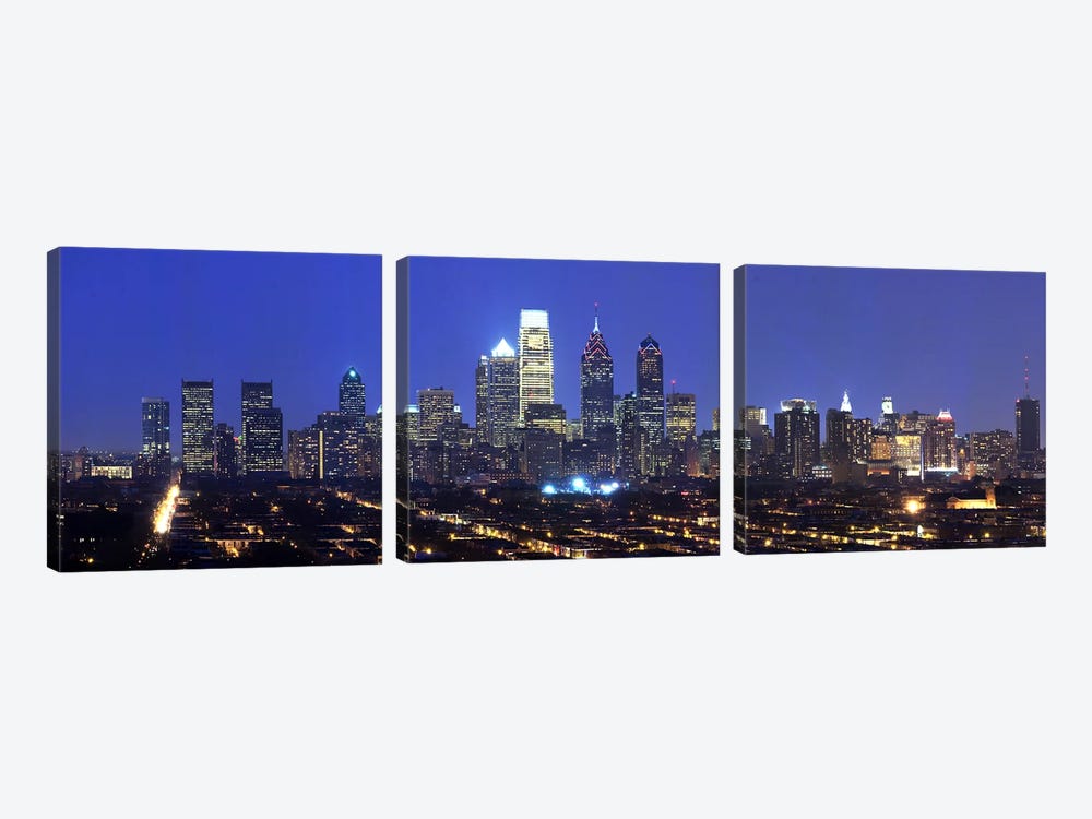 Buildings lit up at night in a cityComcast Center, Center City, Philadelphia, Philadelphia County, Pennsylvania, USA by Panoramic Images 3-piece Canvas Artwork