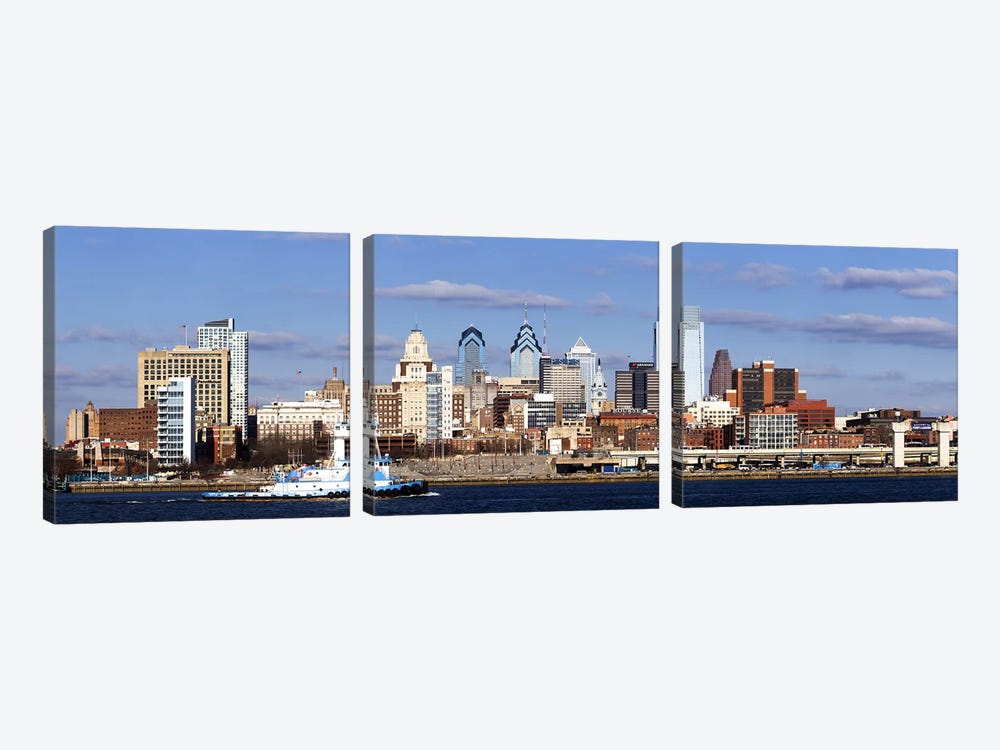 Buildings at the waterfront, Delaware River, Philadelphia, Philadelphia County, Pennsylvania, USA by Panoramic Images 3-piece Canvas Print