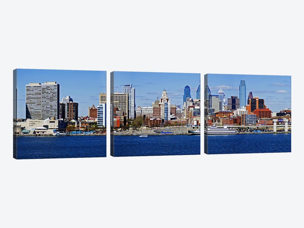 Buildings at the waterfront, Delaware River, Philadelphia, Philadelphia County, Pennsylvania, USA by Panoramic Images 3-piece Canvas Print