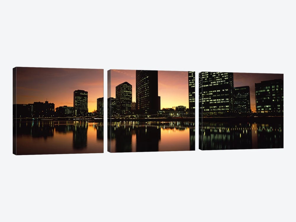 Buildings lit up at dusk, Oakland, Alameda County, California, USA by Panoramic Images 3-piece Canvas Art Print