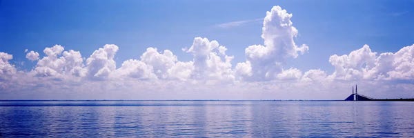 Seascape with a suspension bridge in the background, Sunshine Skyway Bridge, Tampa Bay, Gulf of Mexico, Florida, USA