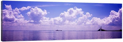 Sea with a container ship and a suspension bridge in distant, Sunshine Skyway Bridge, Tampa Bay, Gulf of Mexico, Florida, USA Canvas Art Print - Seascape Art