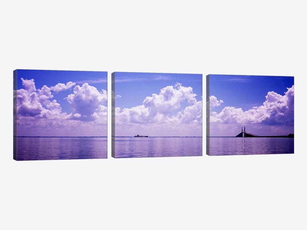 Sea with a container ship and a suspension bridge in distant, Sunshine Skyway Bridge, Tampa Bay, Gulf of Mexico, Florida, USA by Panoramic Images 3-piece Canvas Art