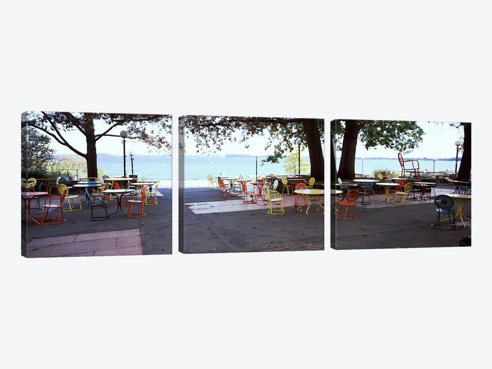 Empty chairs with tables in a campus, University of Wisconsin, Madison, Dane County, Wisconsin, USA 3-piece Canvas Print