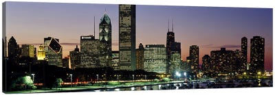 Buildings lit up at duskLake Michigan, Chicago, Cook County, Illinois, USA Canvas Art Print - Chicago Skylines