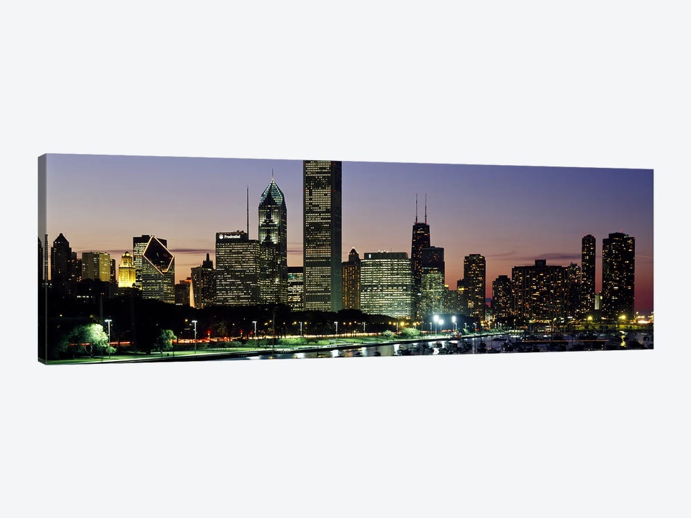 Buildings lit up at duskLake Michigan, Chicago, Cook County, Illinois, USA by Panoramic Images 1-piece Art Print