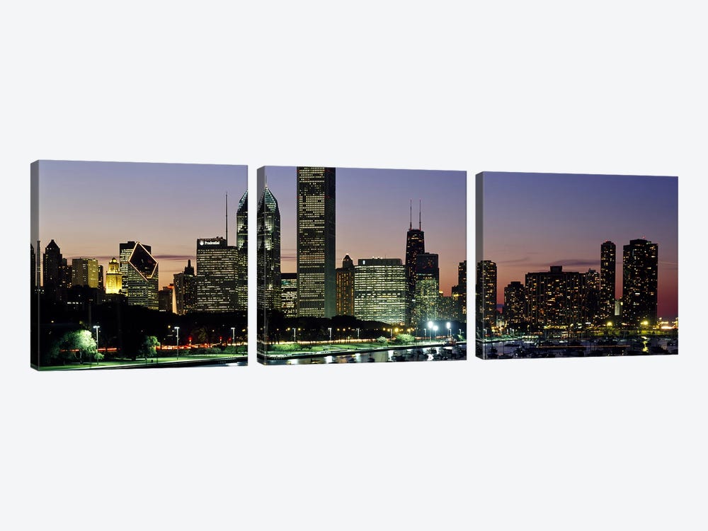 Buildings lit up at duskLake Michigan, Chicago, Cook County, Illinois, USA by Panoramic Images 3-piece Art Print