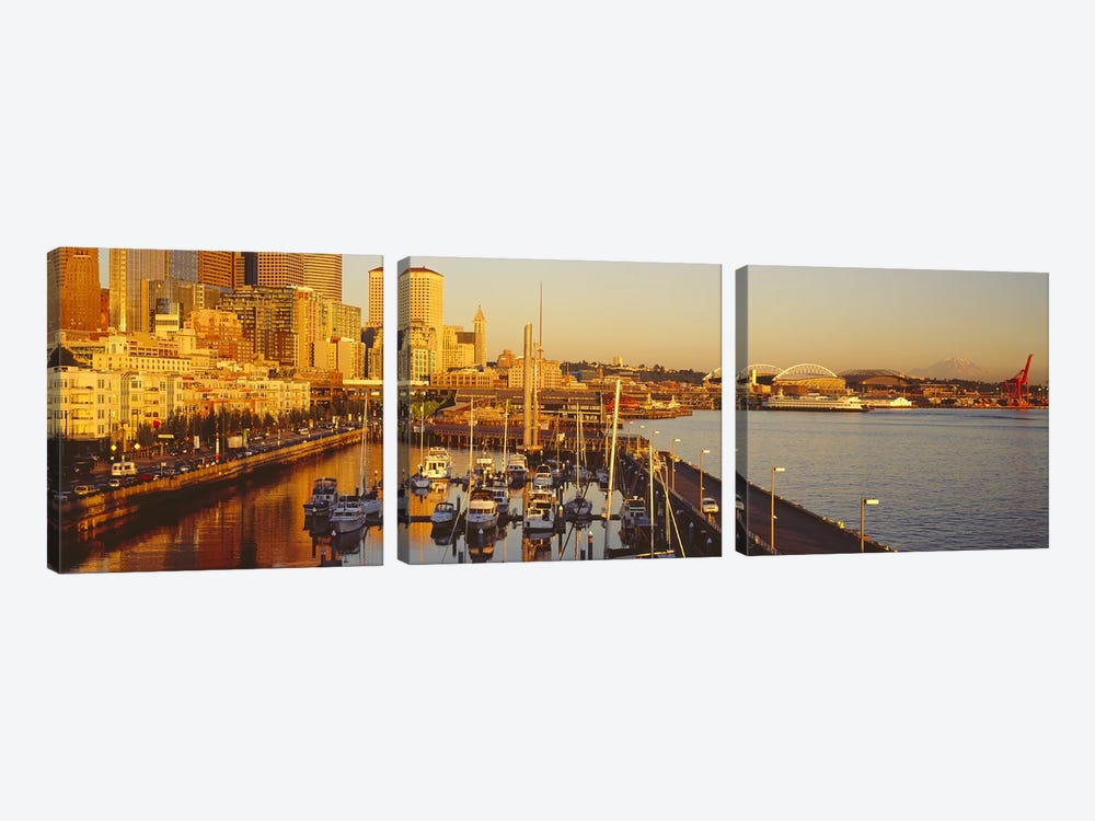 Buildings at the waterfront, Elliott Bay, Bell Harbor Marina, Seattle, King County, Washington State, USA by Panoramic Images 3-piece Canvas Wall Art