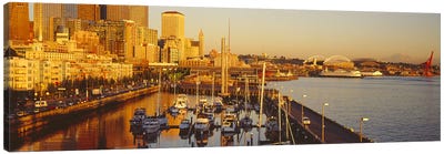 Buildings at the waterfront, Elliott Bay, Bell Harbor Marina, Seattle, King County, Washington State, USA Canvas Art Print - Seattle Skylines