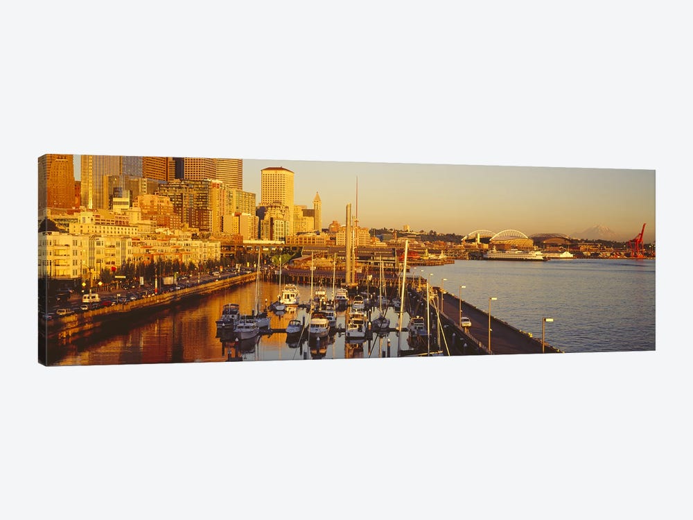 Buildings at the waterfront, Elliott Bay, Bell Harbor Marina, Seattle, King County, Washington State, USA by Panoramic Images 1-piece Canvas Art