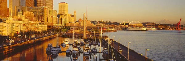 Washington: Buildings at the waterfront, Elliott Bay, Bell Harbor Marina, Seattle, King County, Washington State, USA by Panoramic Images