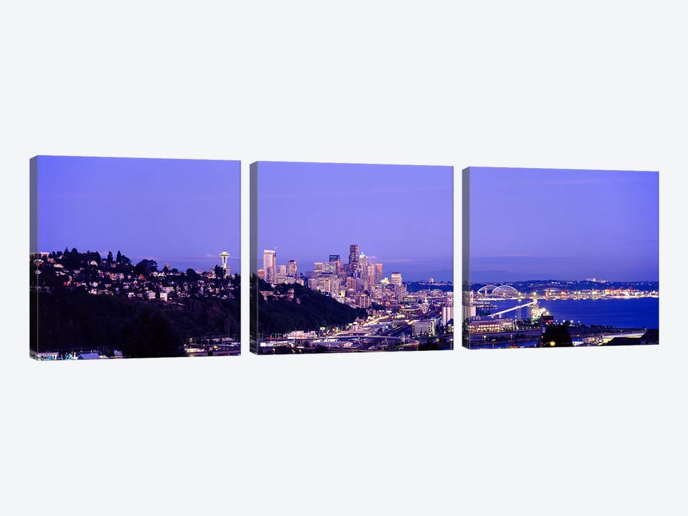 City skyline at dusk, Seattle, King County, Washington State, USA by Panoramic Images 3-piece Canvas Art Print