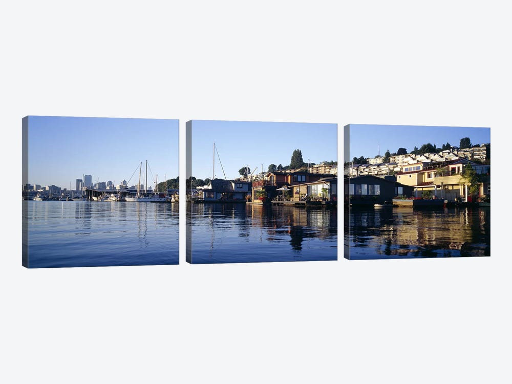 Houseboats in a lake, Lake Union, Seattle, King County, Washington State, USA by Panoramic Images 3-piece Canvas Artwork