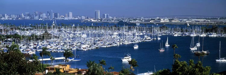 Aerial view of boats moored at a harbor, San Diego, California, USA