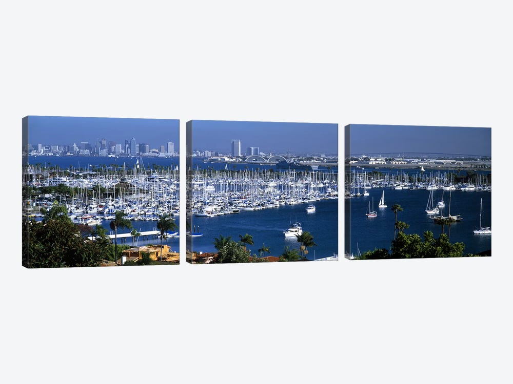 Aerial view of boats moored at a harbor, San Diego, California, USA by Panoramic Images 3-piece Canvas Artwork