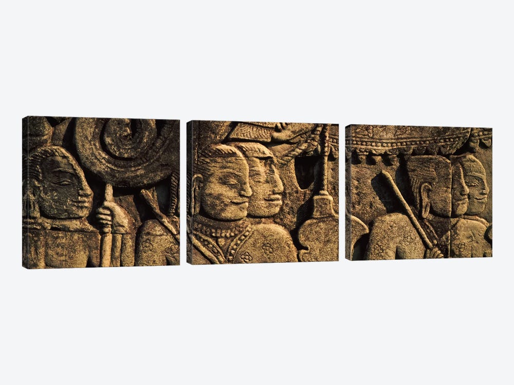 Sculptures in a temple, Bayon Temple, Angkor, Cambodia by Panoramic Images 3-piece Canvas Artwork