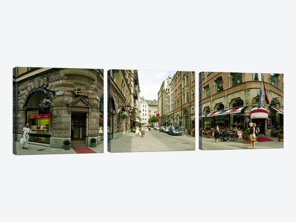 Buildings in a city, Biblioteksgatan and Master Samuelsgatan streets, Stockholm, Sweden by Panoramic Images 3-piece Canvas Art Print
