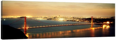 Suspension bridge lit up at dusk, Golden Gate Bridge, San Francisco Bay, San Francisco, California, USA Canvas Art Print - Ocean Art