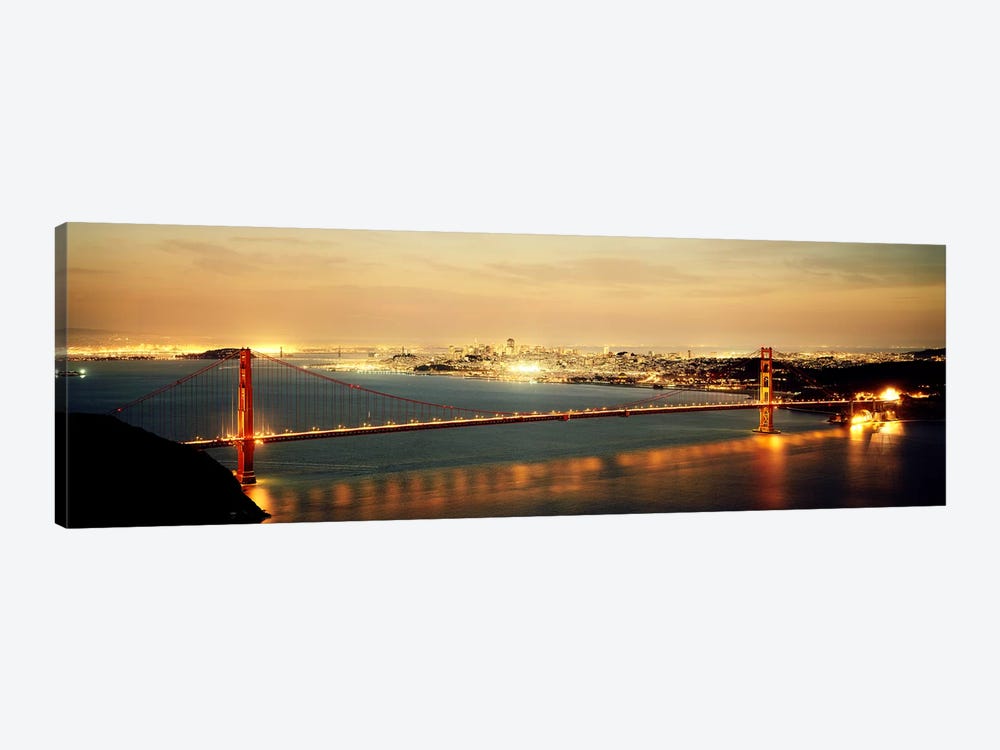 Suspension bridge lit up at dusk, Golden Gate Bridge, San Francisco Bay, San Francisco, California, USA by Panoramic Images 1-piece Canvas Wall Art