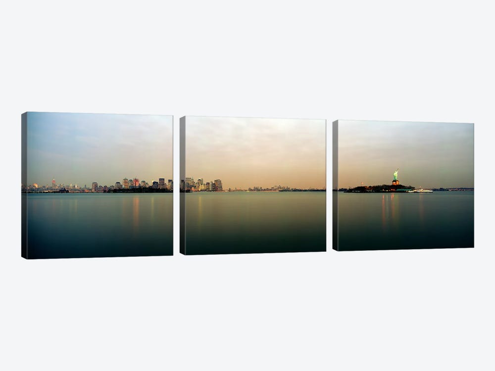 River with the city skyline and Statue of Liberty in the background, New York Harbor, New York City, New York State, USA by Panoramic Images 3-piece Canvas Art