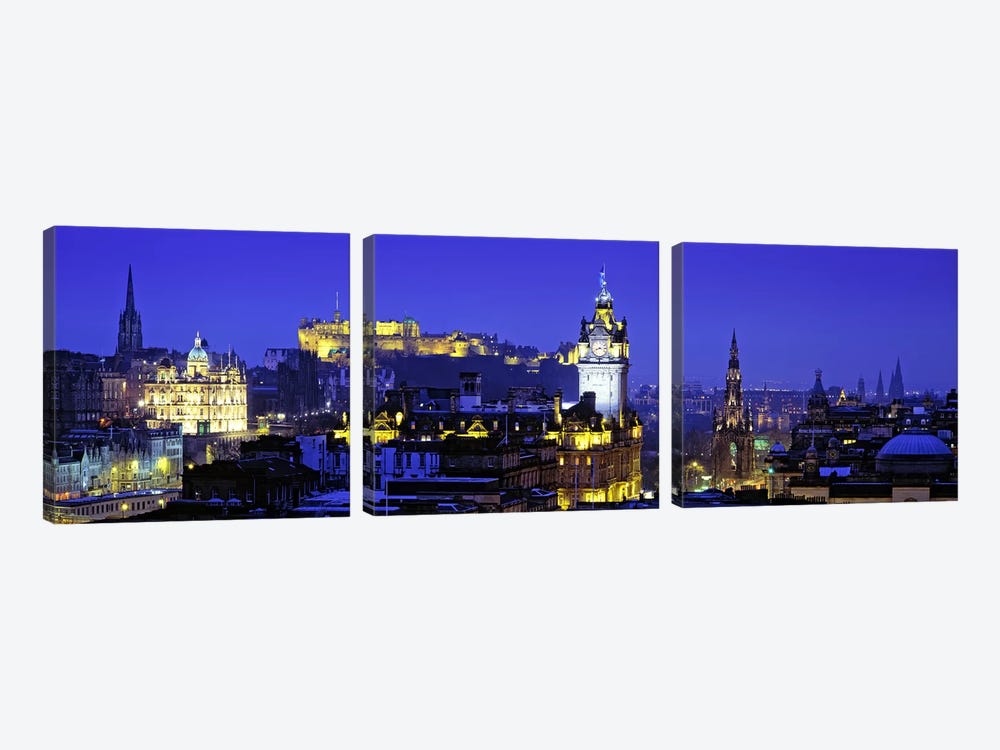 Illuminated Cityscape, Old Town, Edinburgh, Scotland, United Kingdom by Panoramic Images 3-piece Canvas Print
