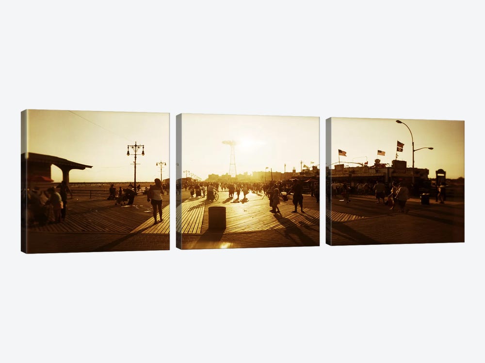 Tourists walking on a boardwalkConey Island Boardwalk, Coney Island, Brooklyn, New York City, New York State, USA by Panoramic Images 3-piece Canvas Art Print