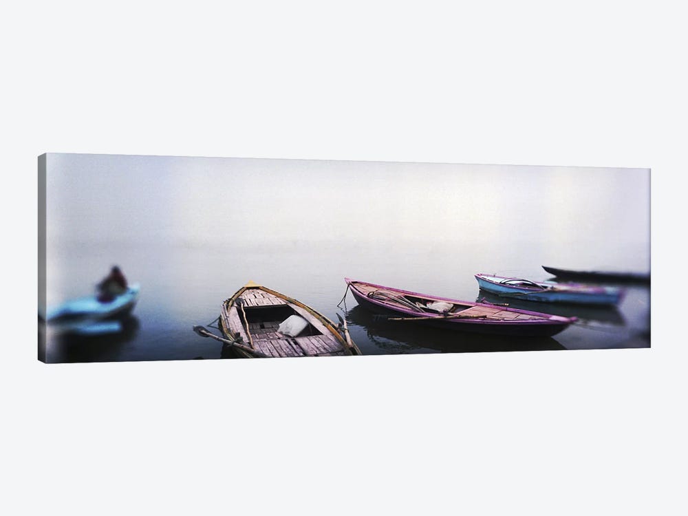 Row boats in a riverGanges River, Varanasi, Uttar Pradesh, India by Panoramic Images 1-piece Art Print