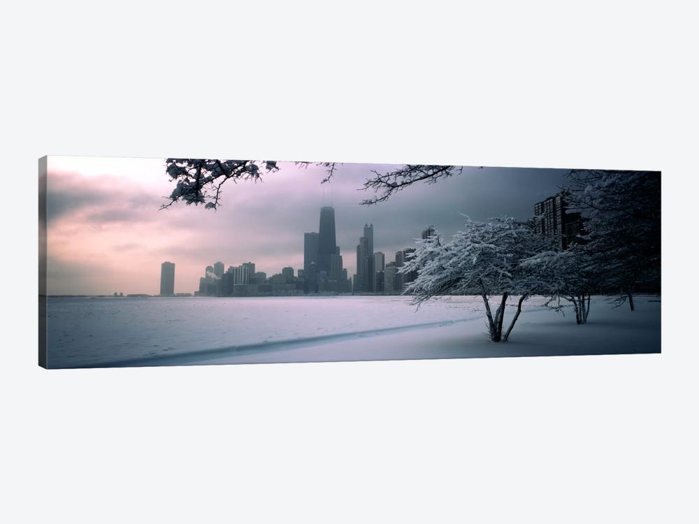 Snow covered tree on the beach with a city in the backgroundNorth Avenue Beach, Chicago, Illinois, USA by Panoramic Images 1-piece Canvas Art Print