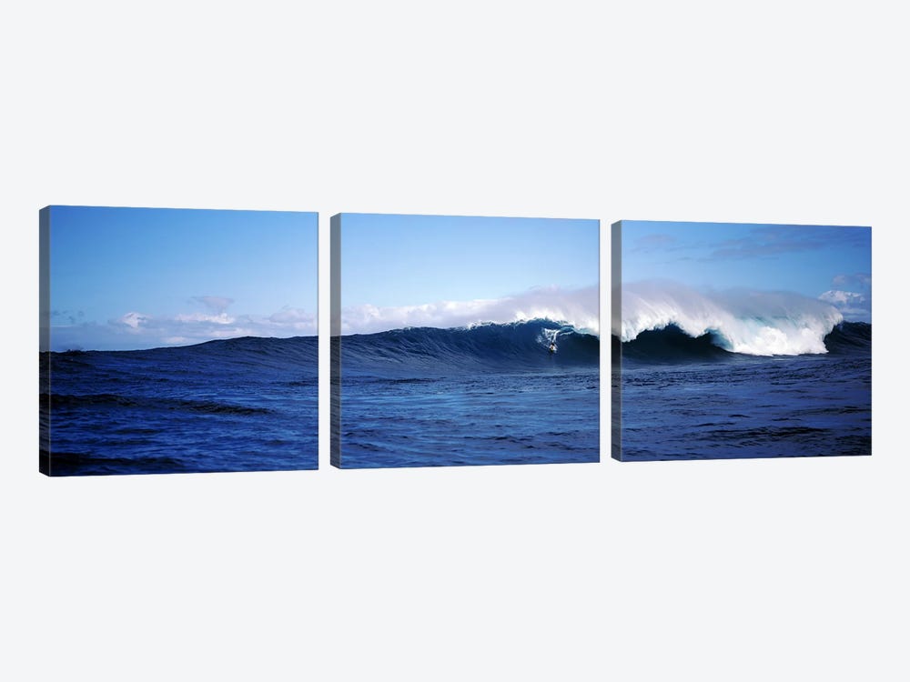 Distant View Of A Surfer On A Cresting Ocean Wave by Panoramic Images 3-piece Art Print