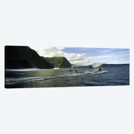 A Surfer Being Escorted To A Cresting Ocean Wave, Hawaii, USA Canvas Print #PIM7420} by Panoramic Images Canvas Print