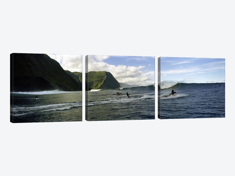 A Surfer Being Escorted To A Cresting Ocean Wave, Hawaii, USA by Panoramic Images 3-piece Canvas Print