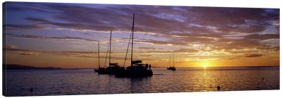 Moored Sailboats At Sunset, Tahiti, Windward Islands, Society Islands, French Polynesia Canvas Art Print - Sailboat Art
