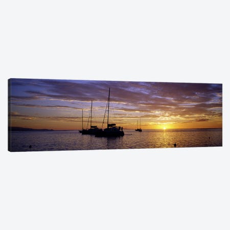Moored Sailboats At Sunset, Tahiti, Windward Islands, Society Islands, French Polynesia Canvas Print #PIM7426} by Panoramic Images Canvas Wall Art
