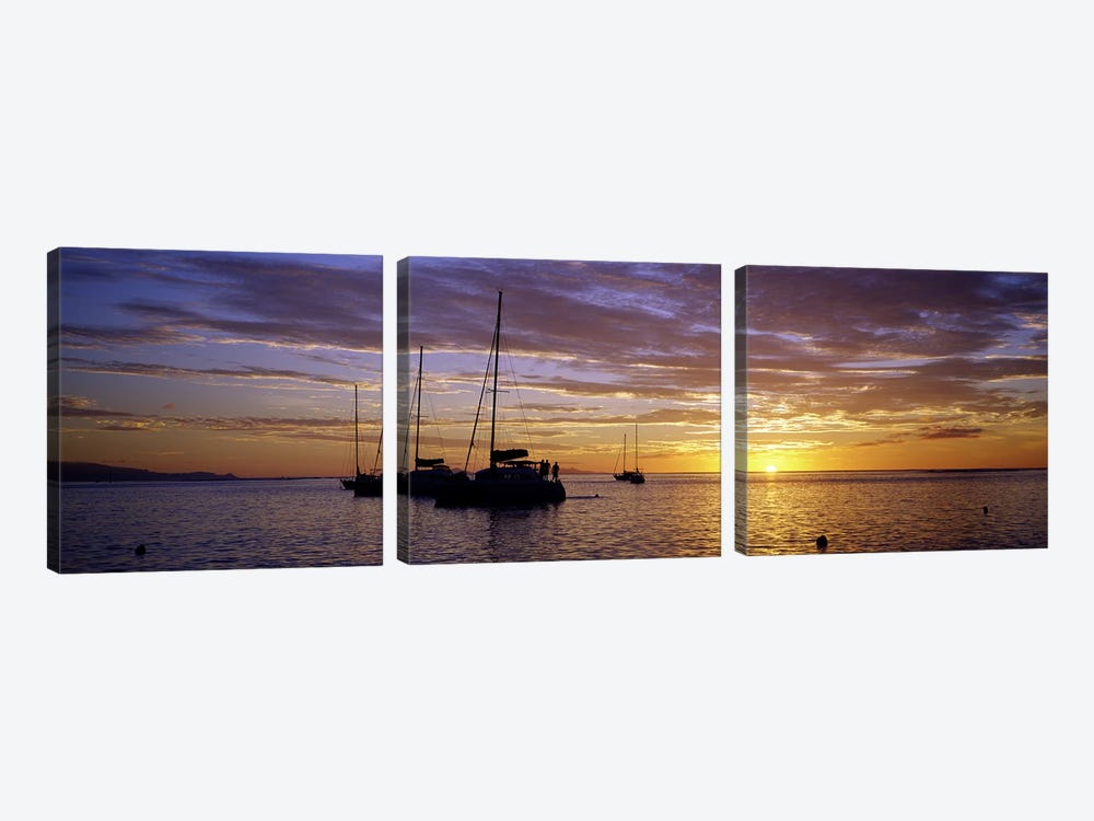Moored Sailboats At Sunset, Tahiti, Windward Islands, Society Islands, French Polynesia by Panoramic Images 3-piece Canvas Art Print