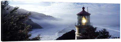 Foggy Day At Heceta Head Lighthouse State Scenic Viewpoint, Lane County, Oregon, USA Canvas Art Print - Coastline Art