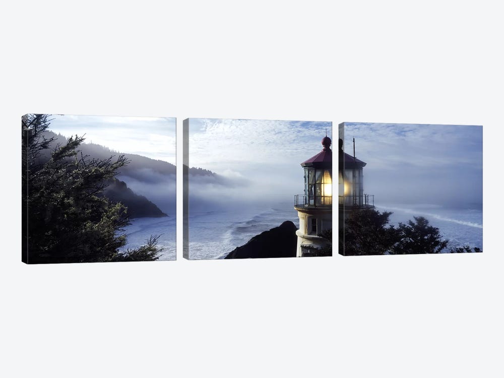 Foggy Day At Heceta Head Lighthouse State Scenic Viewpoint, Lane County, Oregon, USA by Panoramic Images 3-piece Canvas Artwork