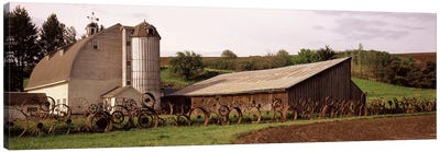 Old barn with a fence made of wheels, Palouse, Whitman County, Washington State, USA Canvas Art Print - Country Scenic Photography
