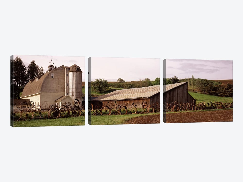 Old barn with a fence made of wheels, Palouse, Whitman County, Washington State, USA by Panoramic Images 3-piece Canvas Art