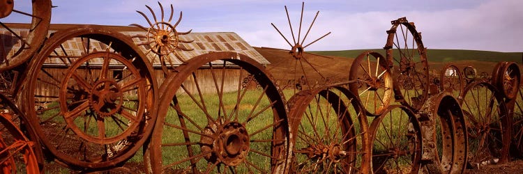 Old barn with a fence made of wheels, Palouse, Whitman County, Washington State, USA #2