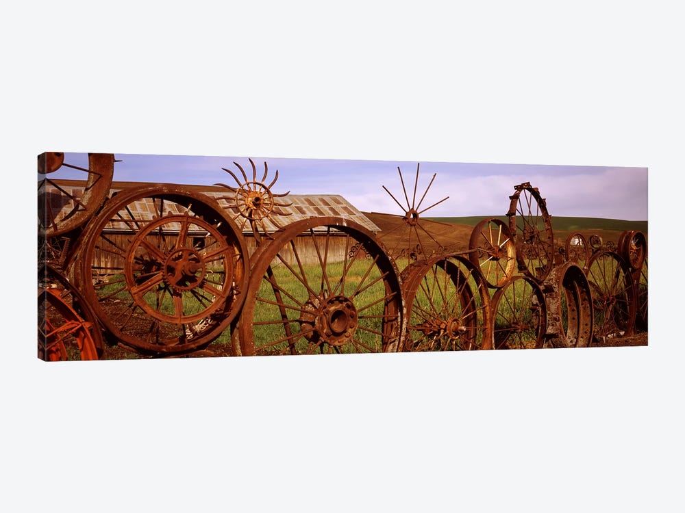 Old barn with a fence made of wheels, Palouse, Whitman County, Washington State, USA #2 by Panoramic Images 1-piece Canvas Print
