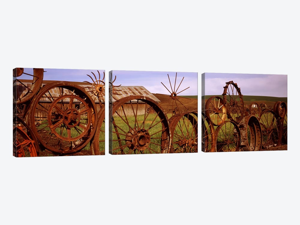 Old barn with a fence made of wheels, Palouse, Whitman County, Washington State, USA #2 by Panoramic Images 3-piece Canvas Print