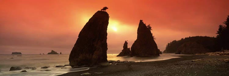 Silhouette of seastacks at sunset, Olympic National Park, Washington State, USA