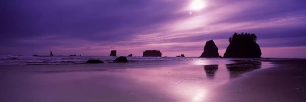 Washington: Silhouette of seastacks at sunset, Second Beach, Washington State, USA by Panoramic Images