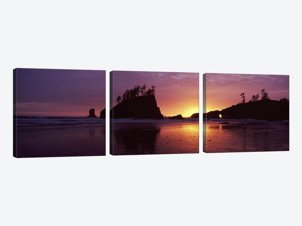 Silhouette of seastacks at sunset, Second Beach, Washington State, USA #3 by Panoramic Images 3-piece Canvas Wall Art