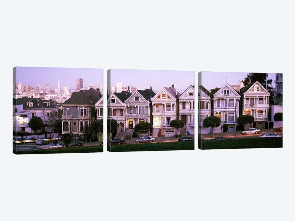 Row houses in a city, Postcard Row, The Seven Sisters, Painted Ladies, Alamo Square, San Francisco, California, USA by Panoramic Images 3-piece Canvas Art