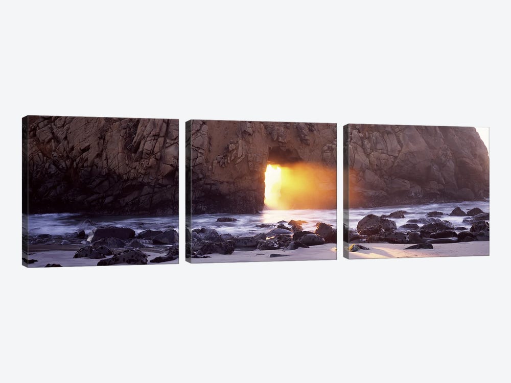 Setting Sun Bursting Through Keyhole Arch, Pfeiffer Beach, Big Sur, California, USA by Panoramic Images 3-piece Canvas Wall Art